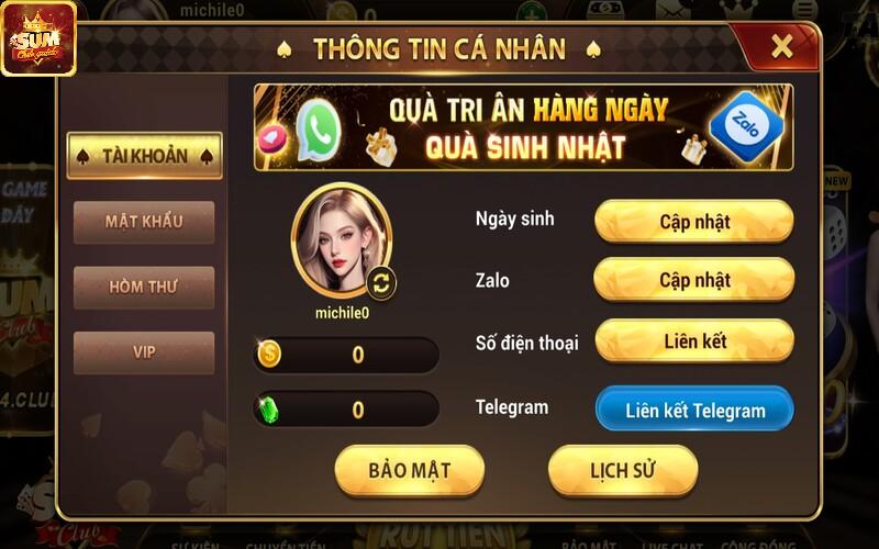 Giao diện tài khoản chơi của hội viên Sumclub
